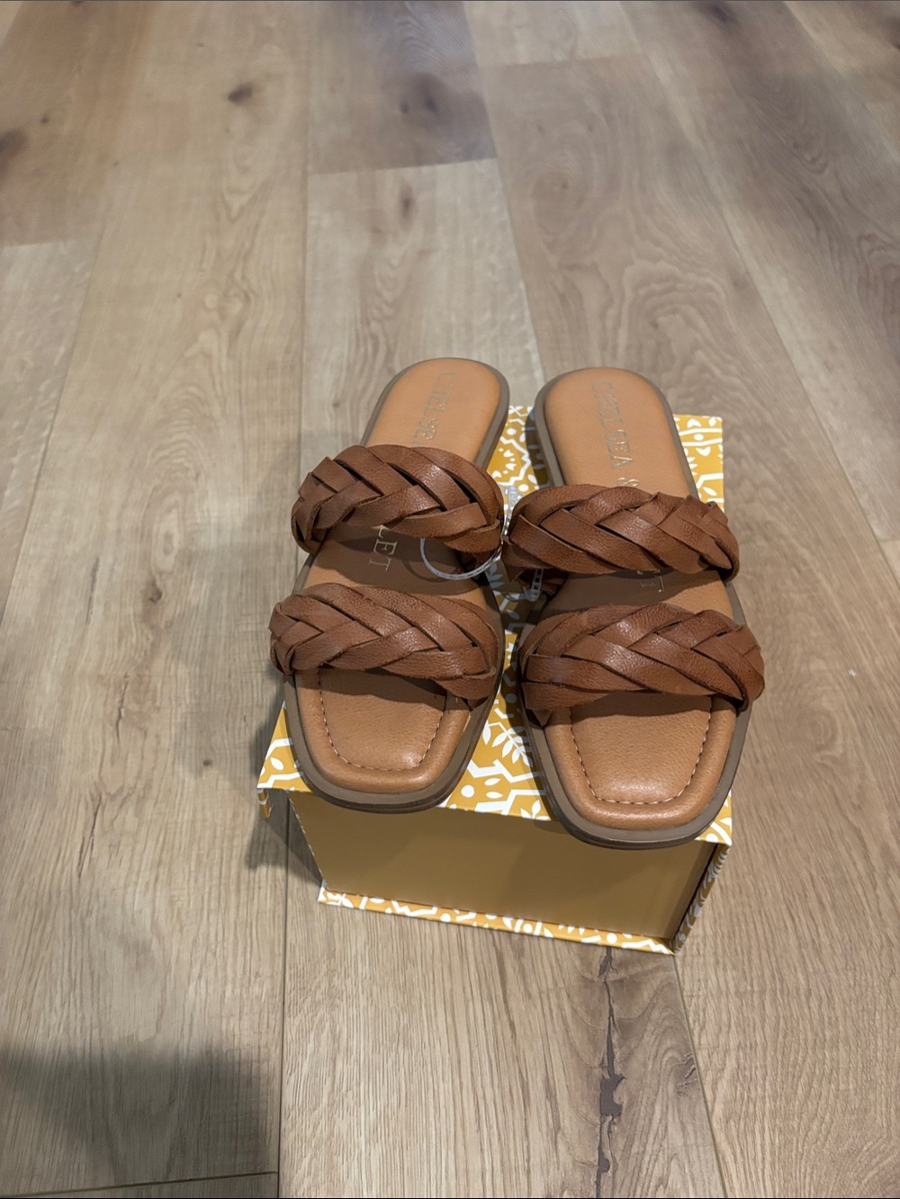 Chelsea & Violet Brown Leather Braided Double-Strap Slide Sandals - Size 5.5